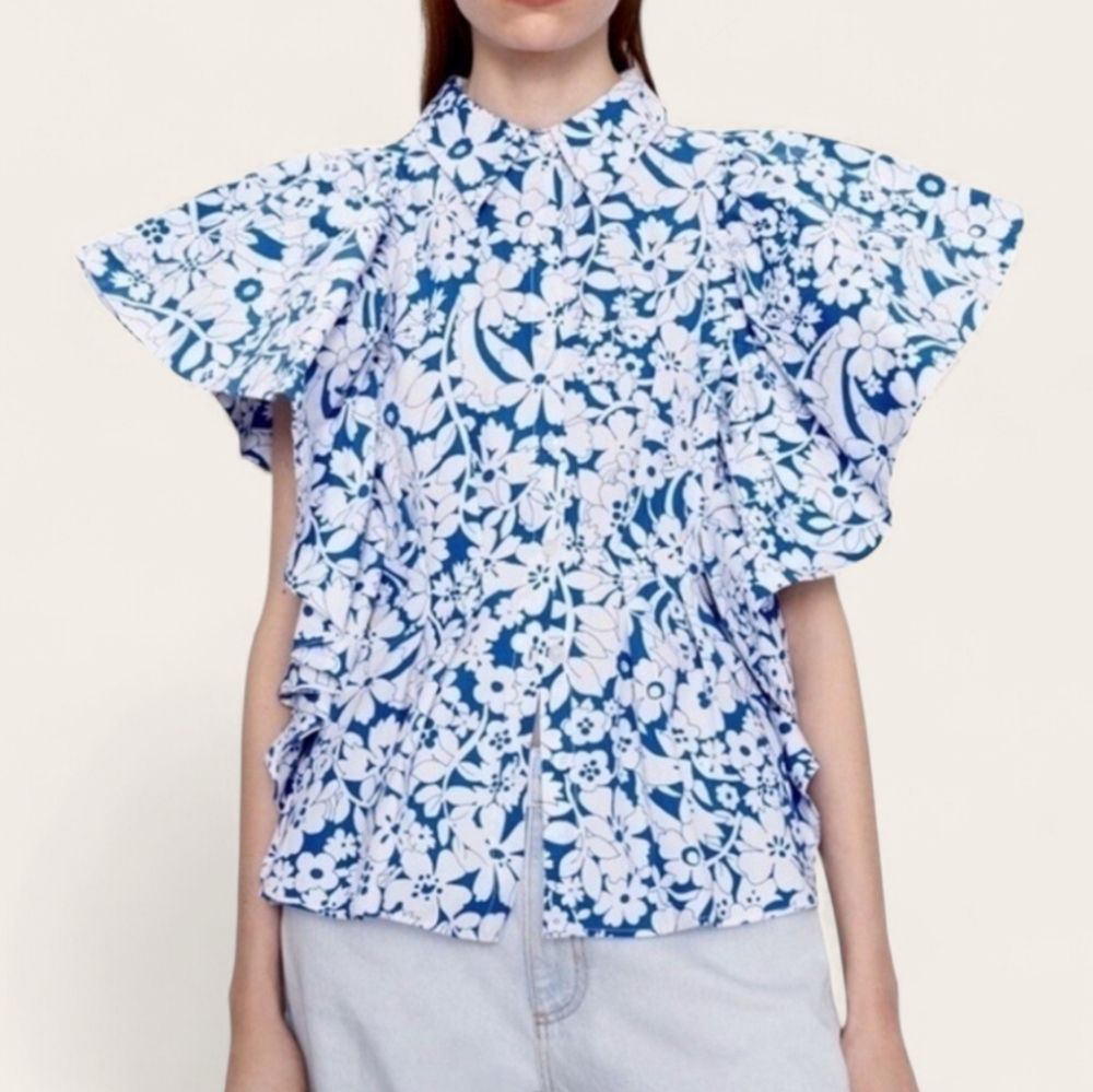 Zara Blue and White Floral Ruffled Button-Down Shirt